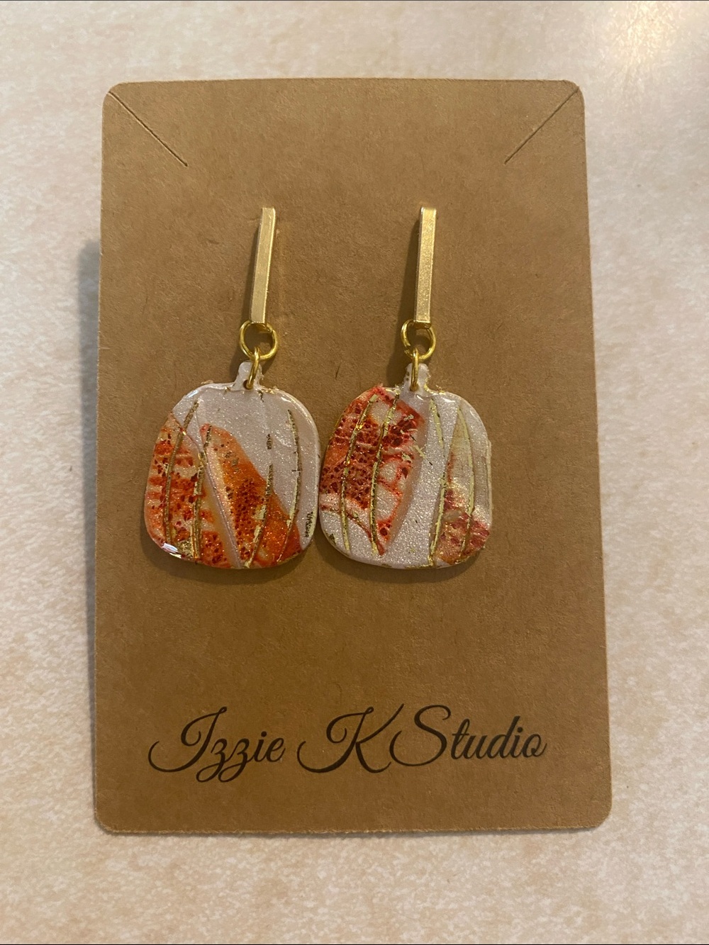 Pearl White and Orange polymer clay Drop Earrings with stud